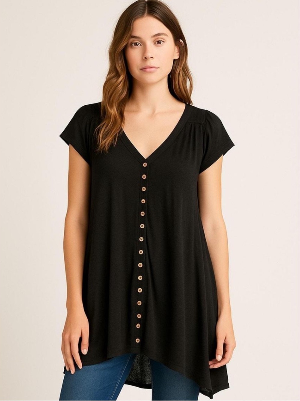 Free People Black Button-Front V-Neck High-Low Top